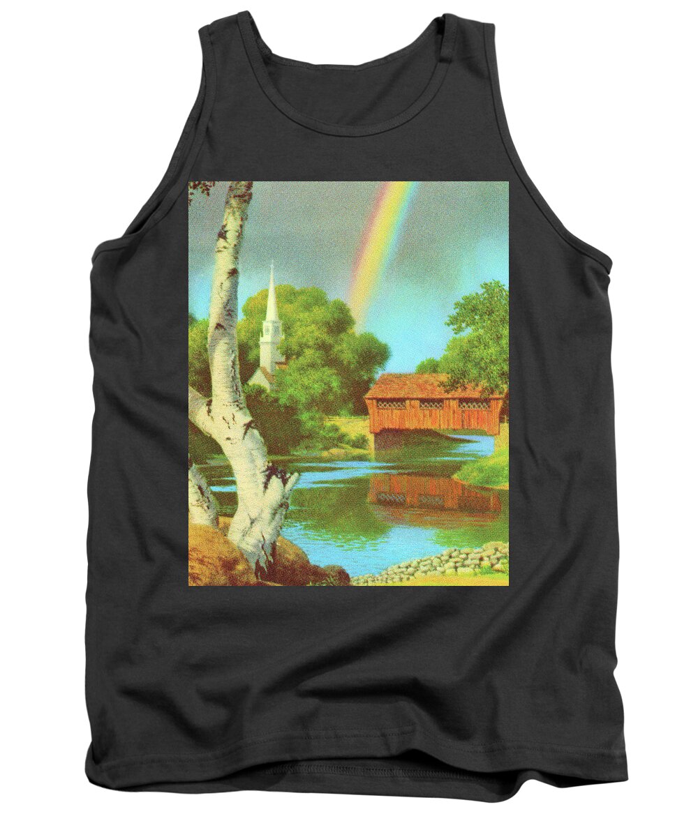 Birch Tank Top featuring the drawing Rainbow Shining Down to a Church and Covered Bridge by CSA Images