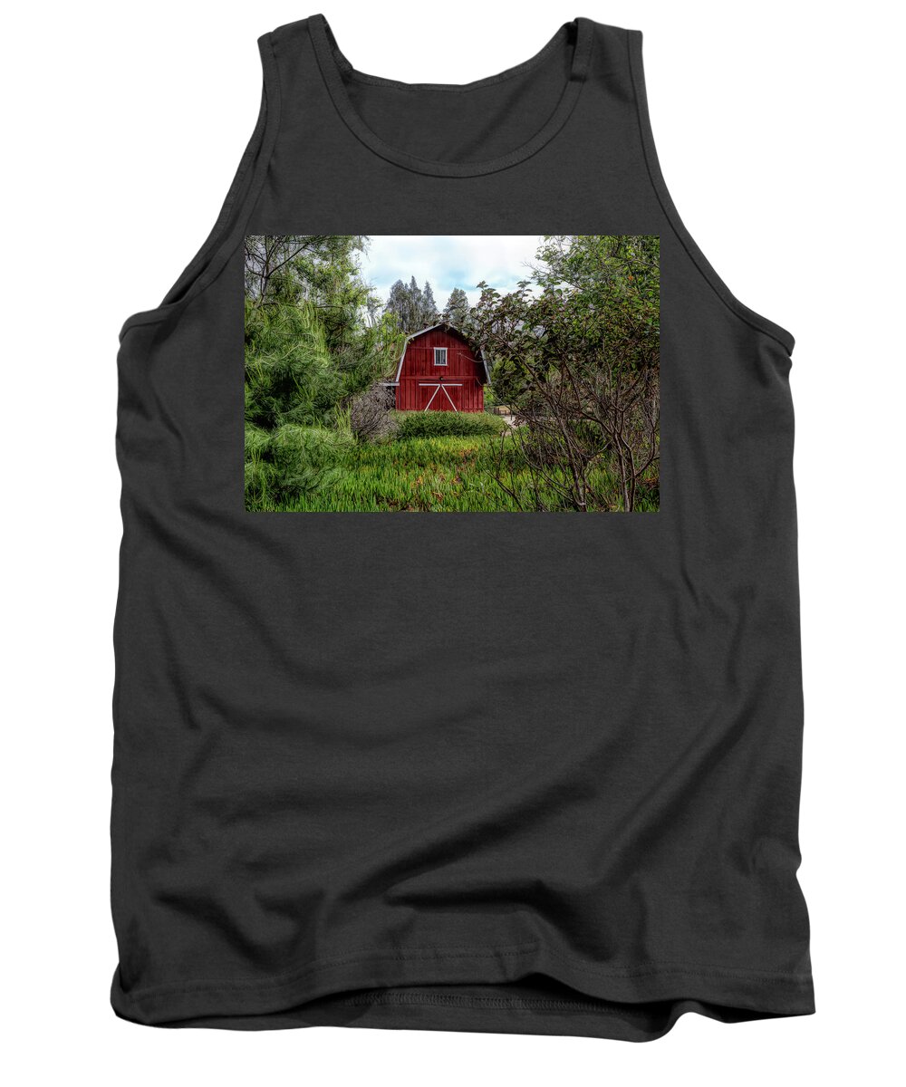 Red Tank Top featuring the photograph Red House Over Yonder by Alison Frank