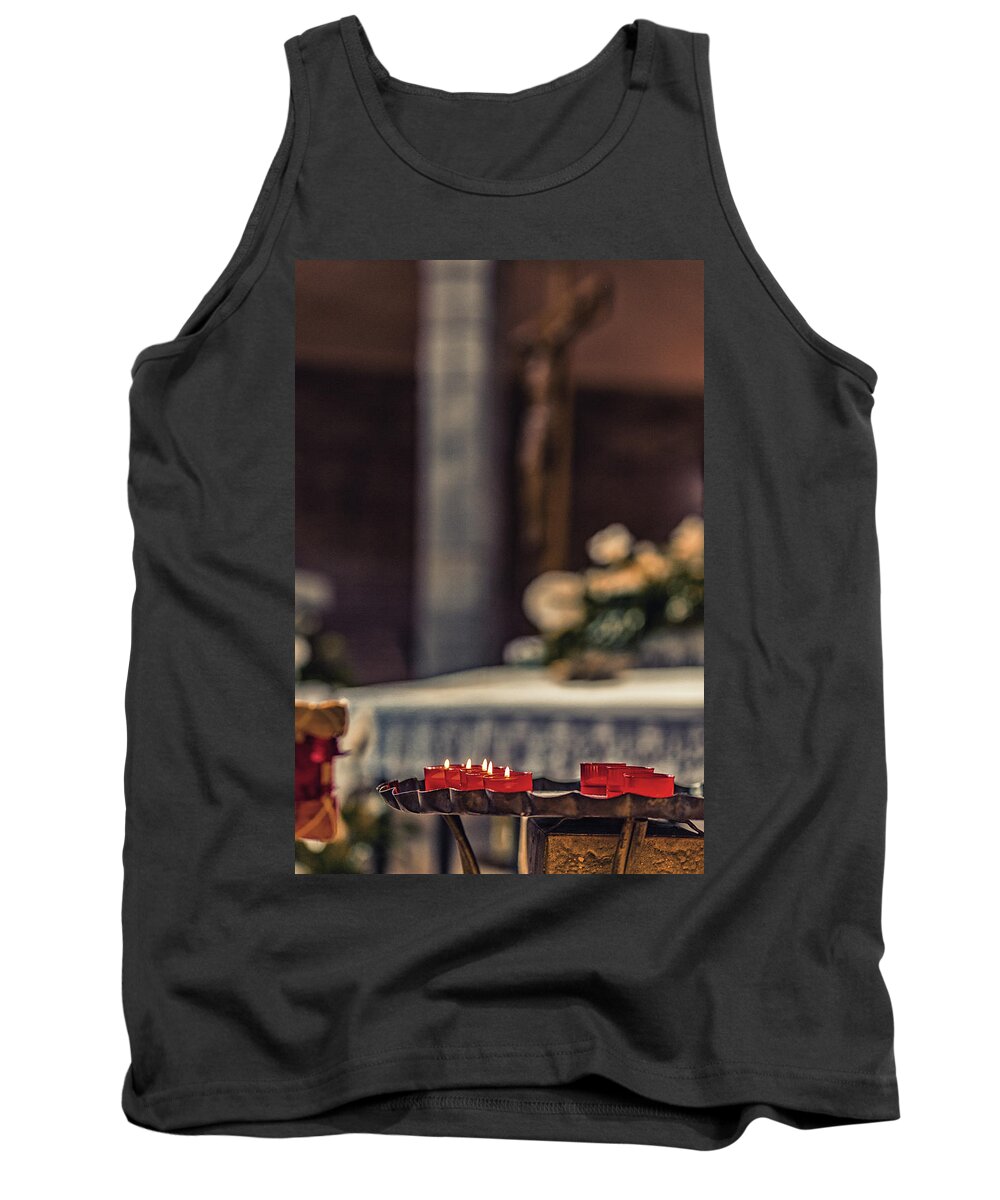 Christ Tank Top featuring the photograph Red votive tealights by Vivida Photo PC