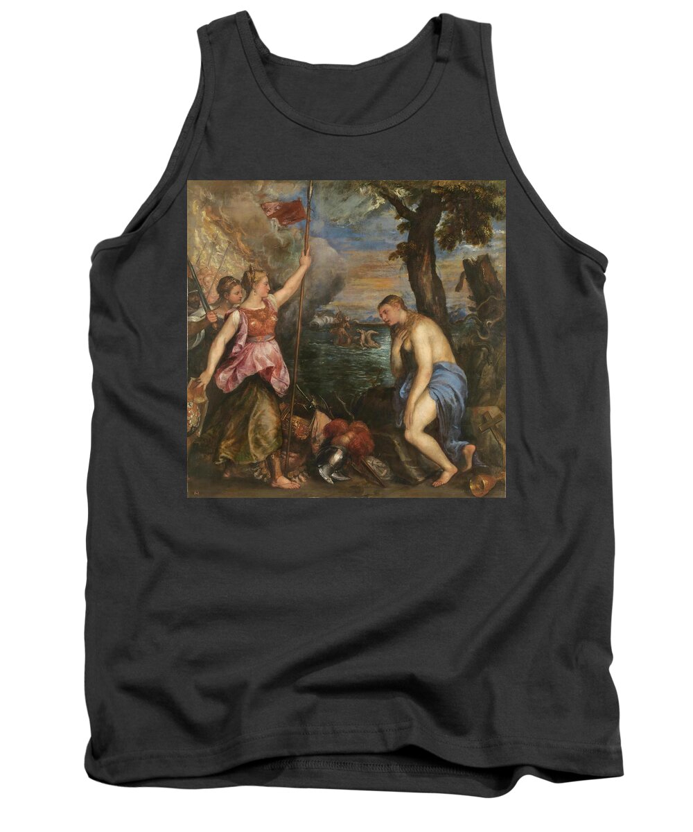 Religion Saved By Spain Tank Top featuring the painting 'Religion Saved by Spain', 1572-1575, Italian School, Oil on canva... by Titian -c 1485-1576-