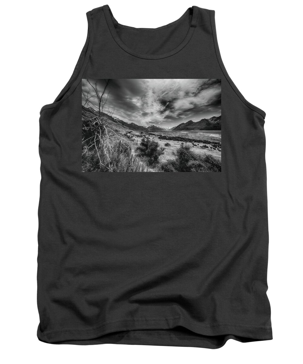 #nofilter #blackandwhite #newzealand #landscape #mountain #thelordoftherings #clouds #cloudy #lake #dark #mountcook Tank Top featuring the photograph Sauron by Itto Ogami