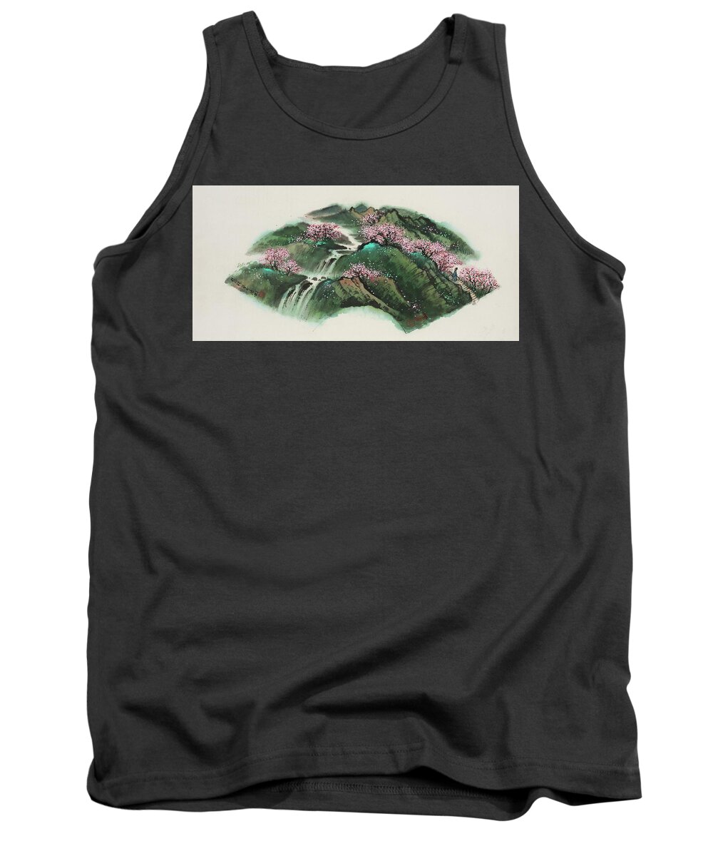 Chinese Watercolor Tank Top featuring the painting Springtime Stroll Through the Peach Blossoms by Jenny Sanders
