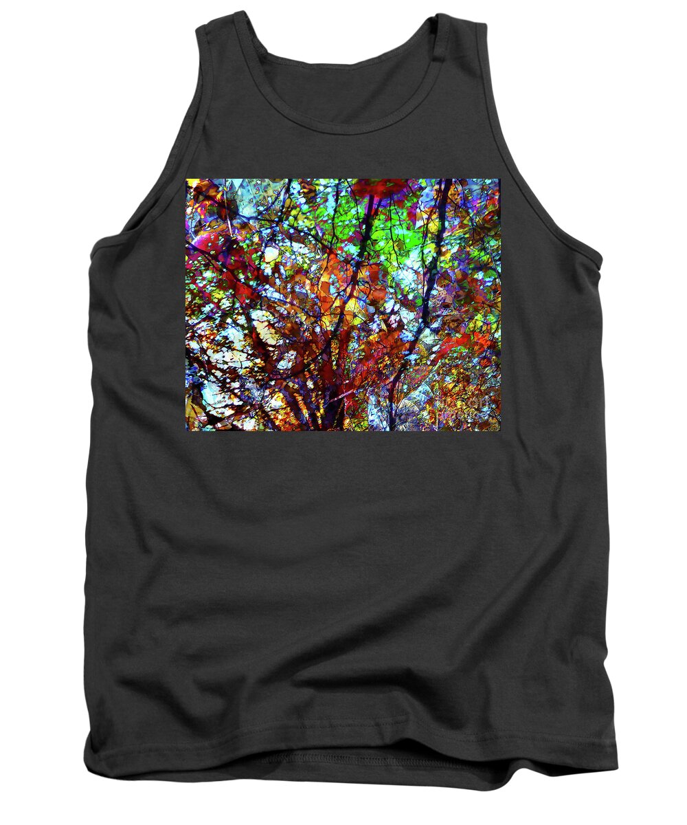 Y Tank Top featuring the painting Stained Glass Faces in the Foliage by Bonnie Marie