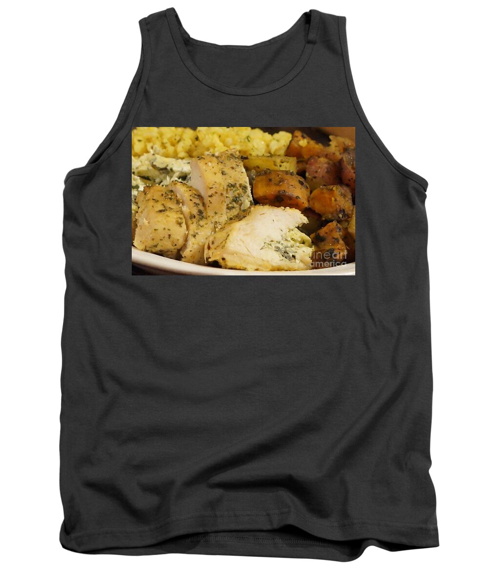 Sunday Dinner Tank Top featuring the photograph Stuffed Chicken, Roasted Potatoes And Rice Closeup by Maxine Billings