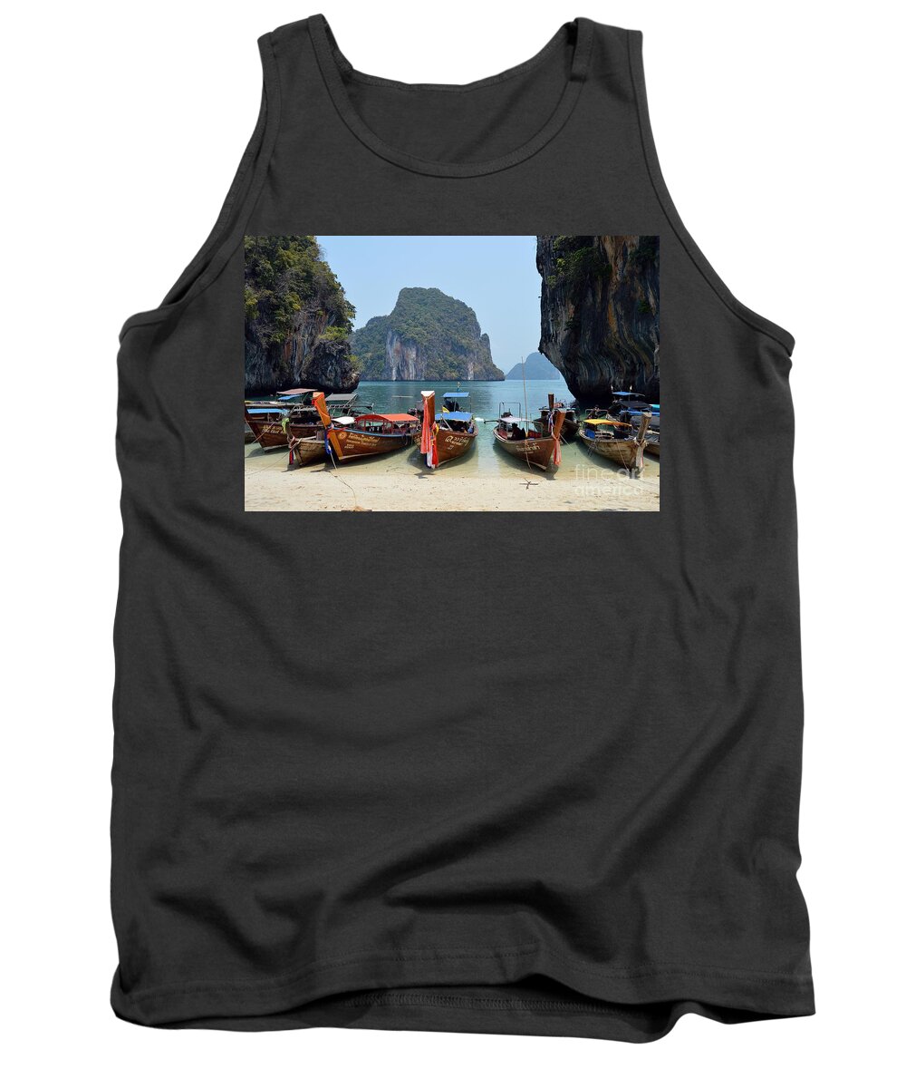 Islands Tank Top featuring the photograph THAI Longboats by Thomas Schroeder
