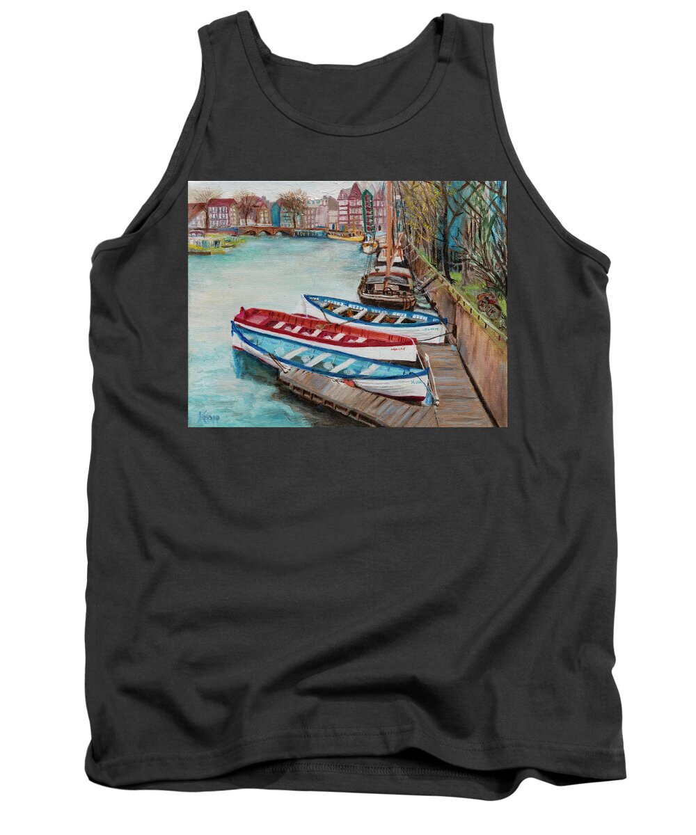The Canals Of Amsterdam And Colorful Boats Tank Top featuring the painting Trio of Boats by Kathy Knopp