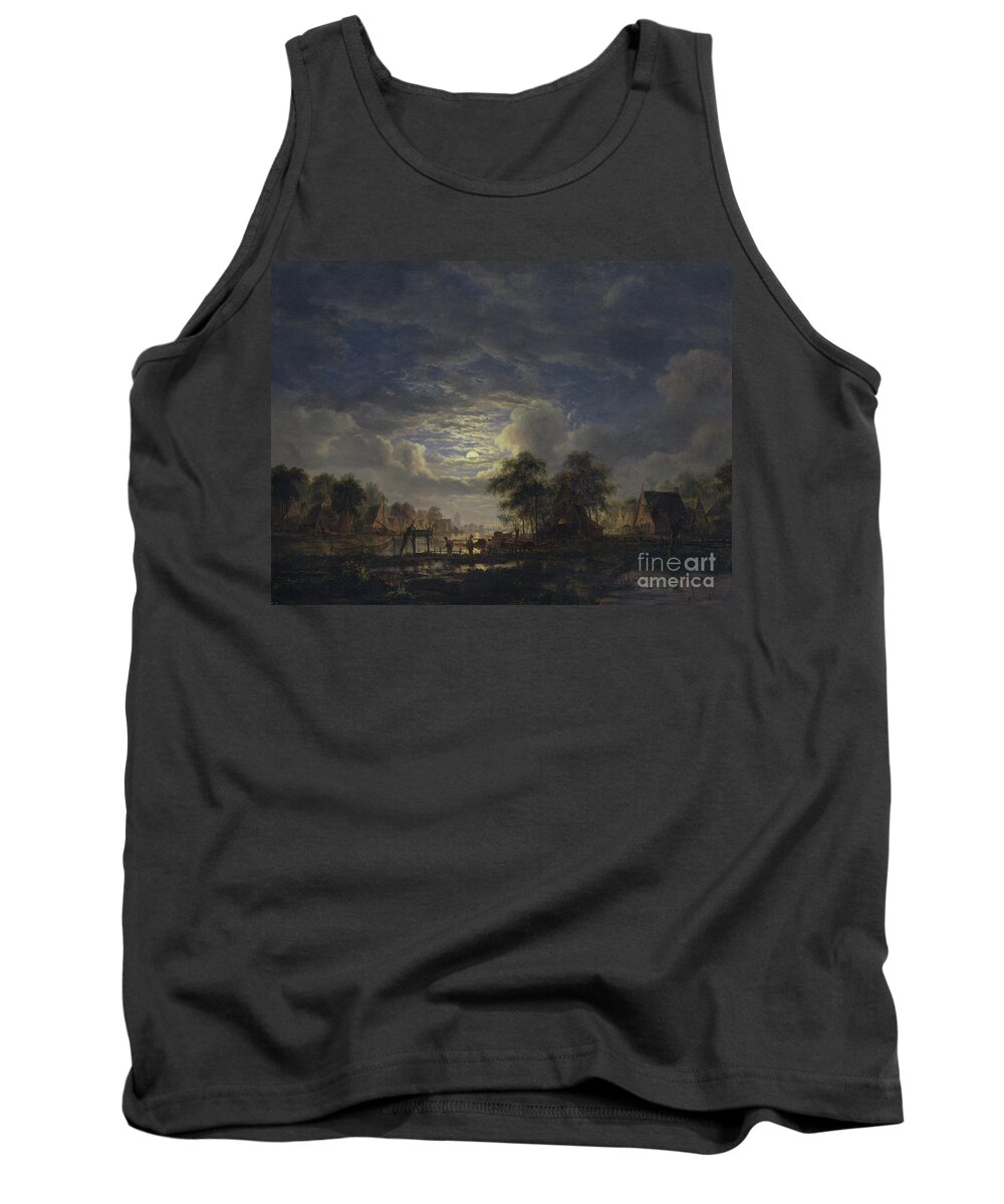 Dark Tank Top featuring the painting Village on a Canal, 1840 by Jacobus Theodorus Abels