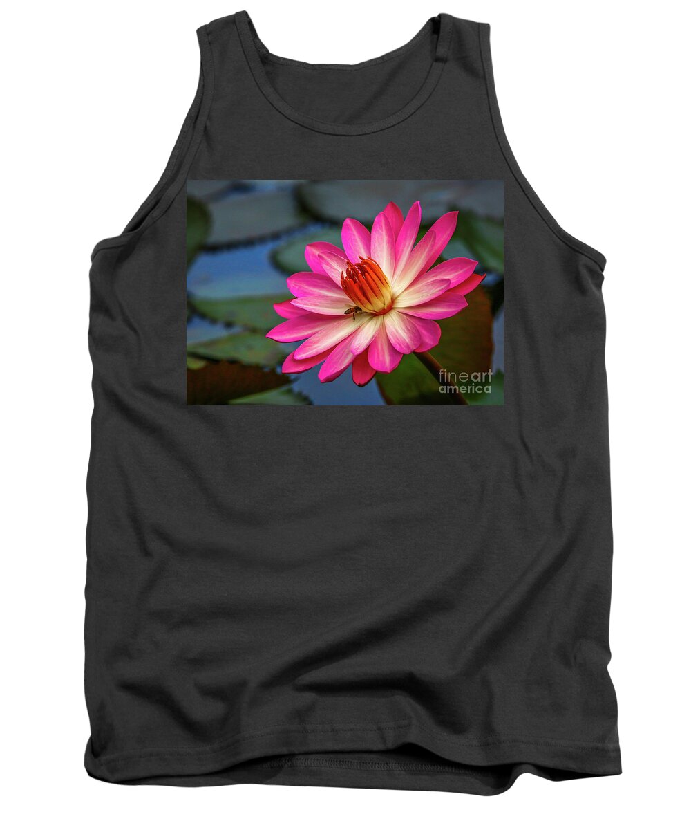 Lily Tank Top featuring the photograph Water Lily with Bee by Tom Claud
