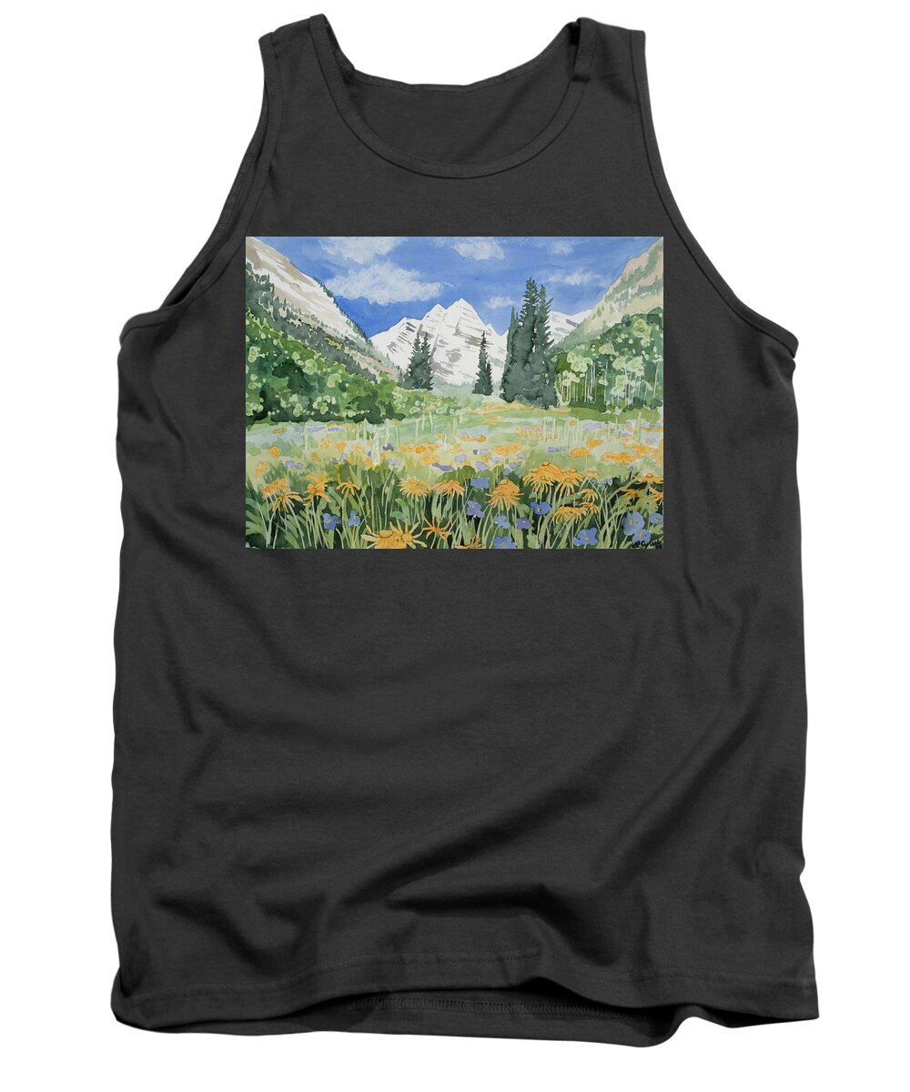 Landscape Tank Top featuring the painting Watercolor- Maroon Bells Summer Landscape by Cascade Colors
