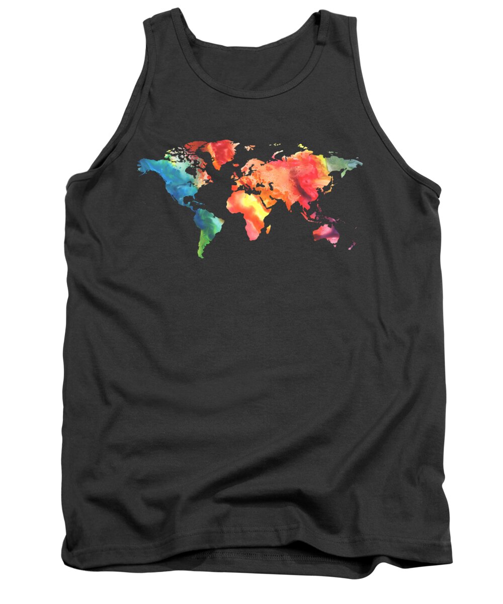World Tank Top featuring the painting Watercolor Silhouette World Map Colorful PNG XIII by Irina Sztukowski