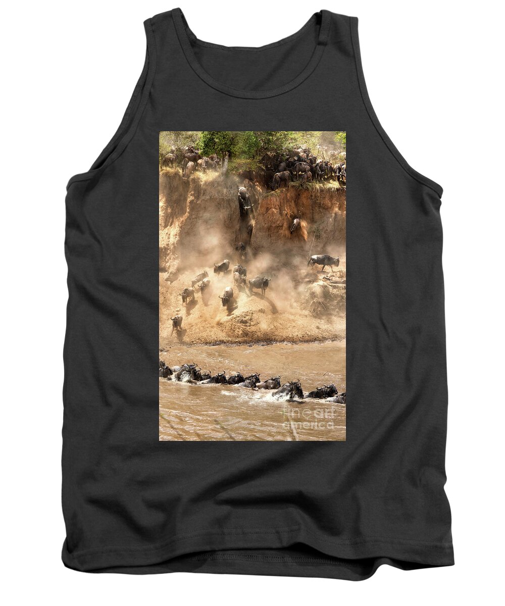 Mara Tank Top featuring the photograph Wildebeest jump from the banks of the Mara by Jane Rix