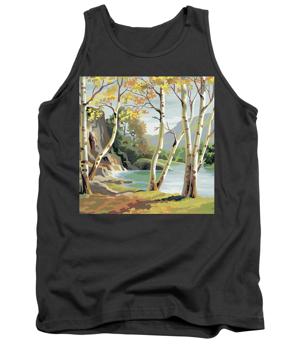 Autumn Tank Top featuring the drawing Wooded Lake Scene by CSA Images