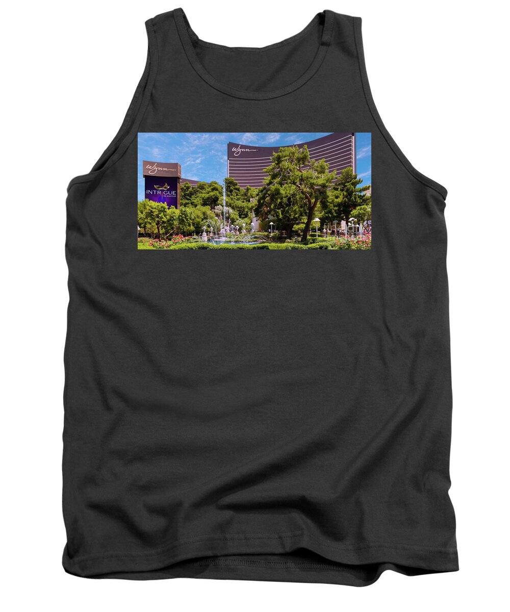 Wynn Casino Fountain Show Tank Top featuring the photograph Wynn Casino Sign and Fountains in the Afternoon 2 to 1 Ratio by Aloha Art