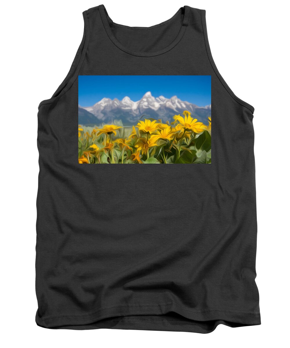 Balsam Root Yellow Flowers Flower Stem Green Grass Grand Tetons Teton Mountain Range Peak Peaks Rise Rocky Mountains Wyoming Prairie Field Tank Top featuring the digital art Balsam Root and Tetons #1 by Ed Stokes