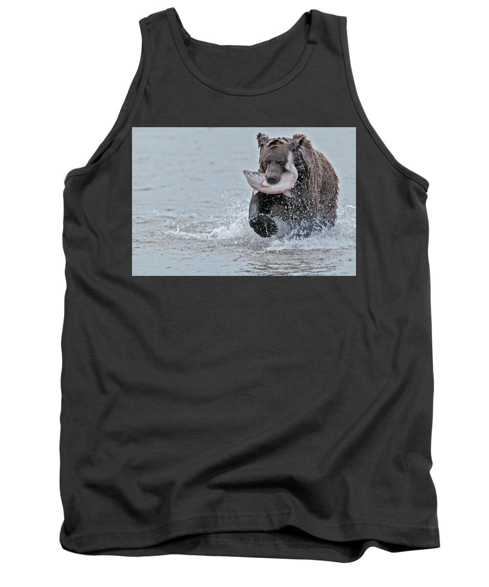 Wild Tank Top featuring the photograph Brown Bear with Salmon catch #1 by Gary Langley