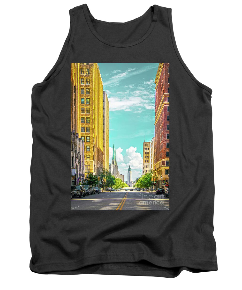 Main Street Tank Top featuring the photograph Downtown Tulsa with turquoise sky - Modern and Art Deco building #1 by Susan Vineyard