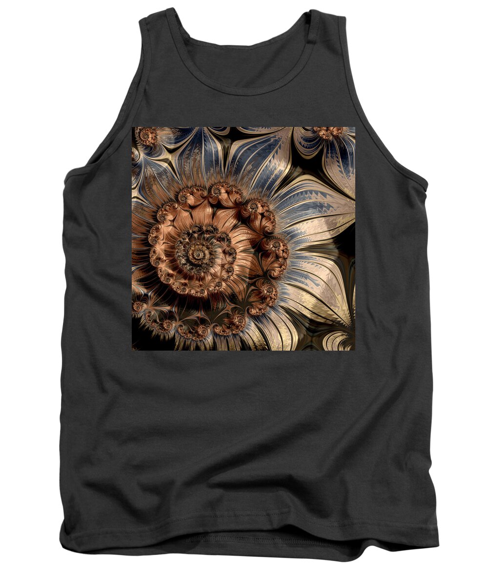 Bronze-and-blue Tank Top featuring the digital art Fractal Flower #1 by Bonnie Bruno