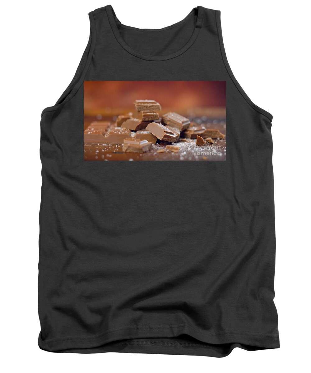 Salted Caramel Tank Top featuring the photograph Sweet and salty chocolate snacks, salted caramel bar, macro close up #1 by Milleflore Images