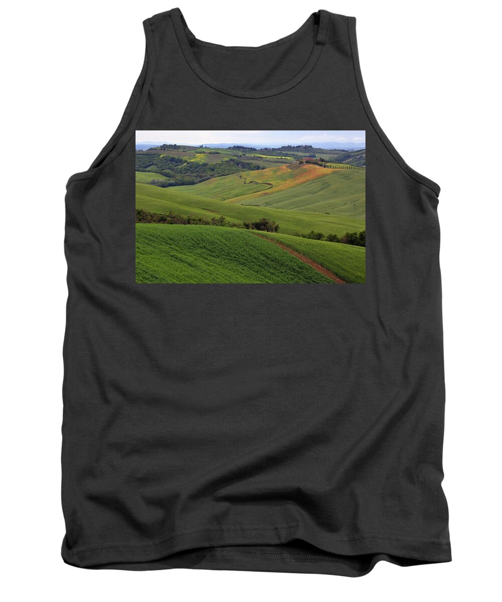 Field Tank Top featuring the photograph Tuscany farmland hill fields in Italy #1 by Mikhail Kokhanchikov