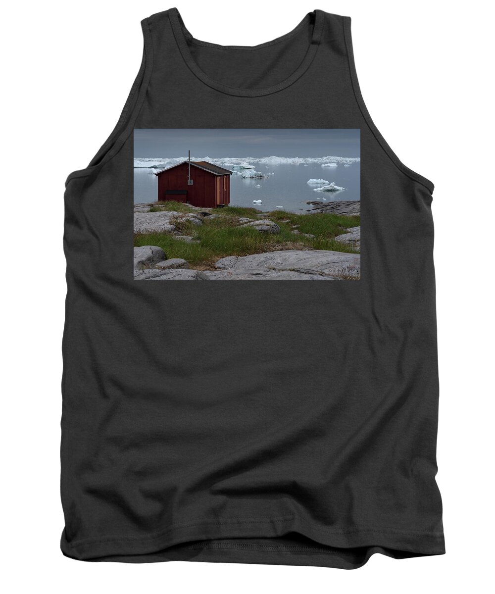 Hut Tank Top featuring the photograph A hut in Disco bay, Greenland by Anges Van der Logt