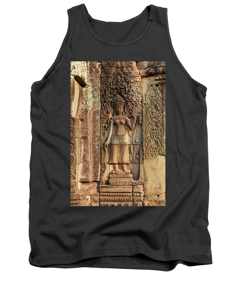 Cambodia Tank Top featuring the photograph Ancient bas-reliefs on temple in Cambodia by Mikhail Kokhanchikov