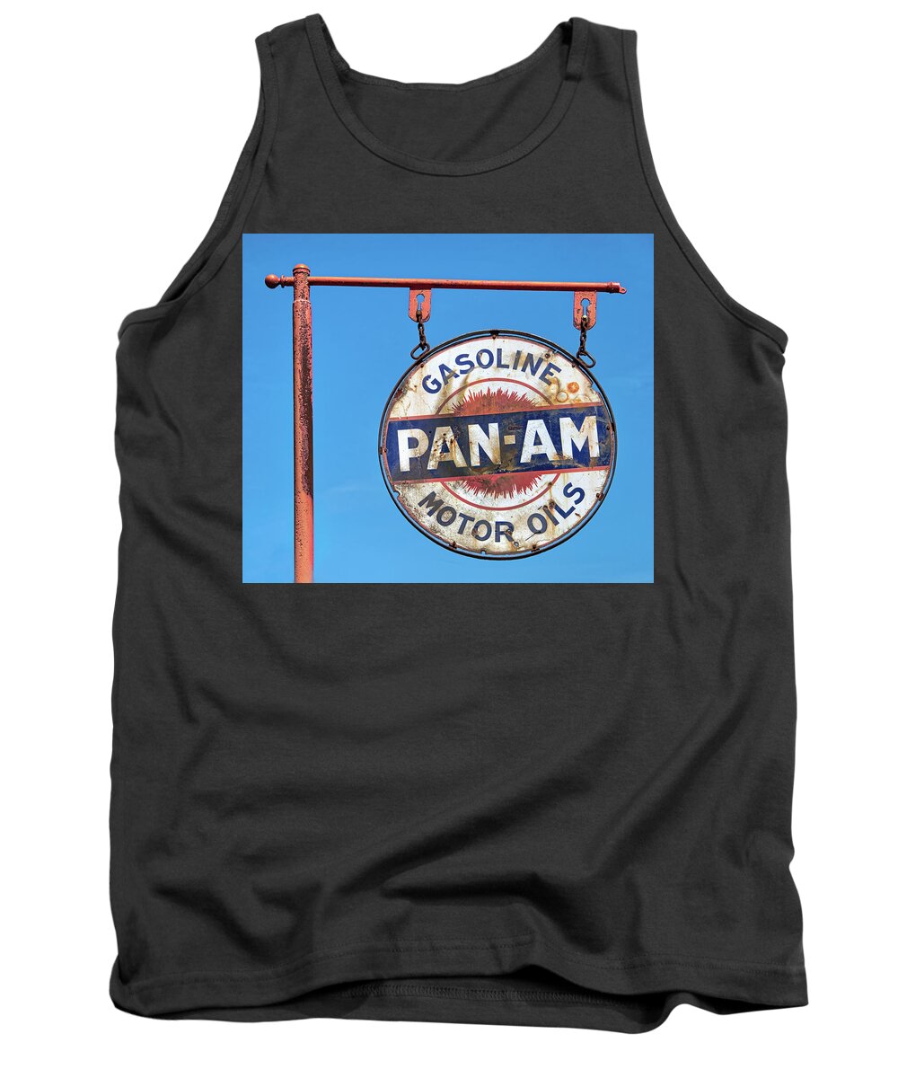 Sigm Tank Top featuring the photograph Antique Gasoline Sign On Blue Sky by Gary Slawsky