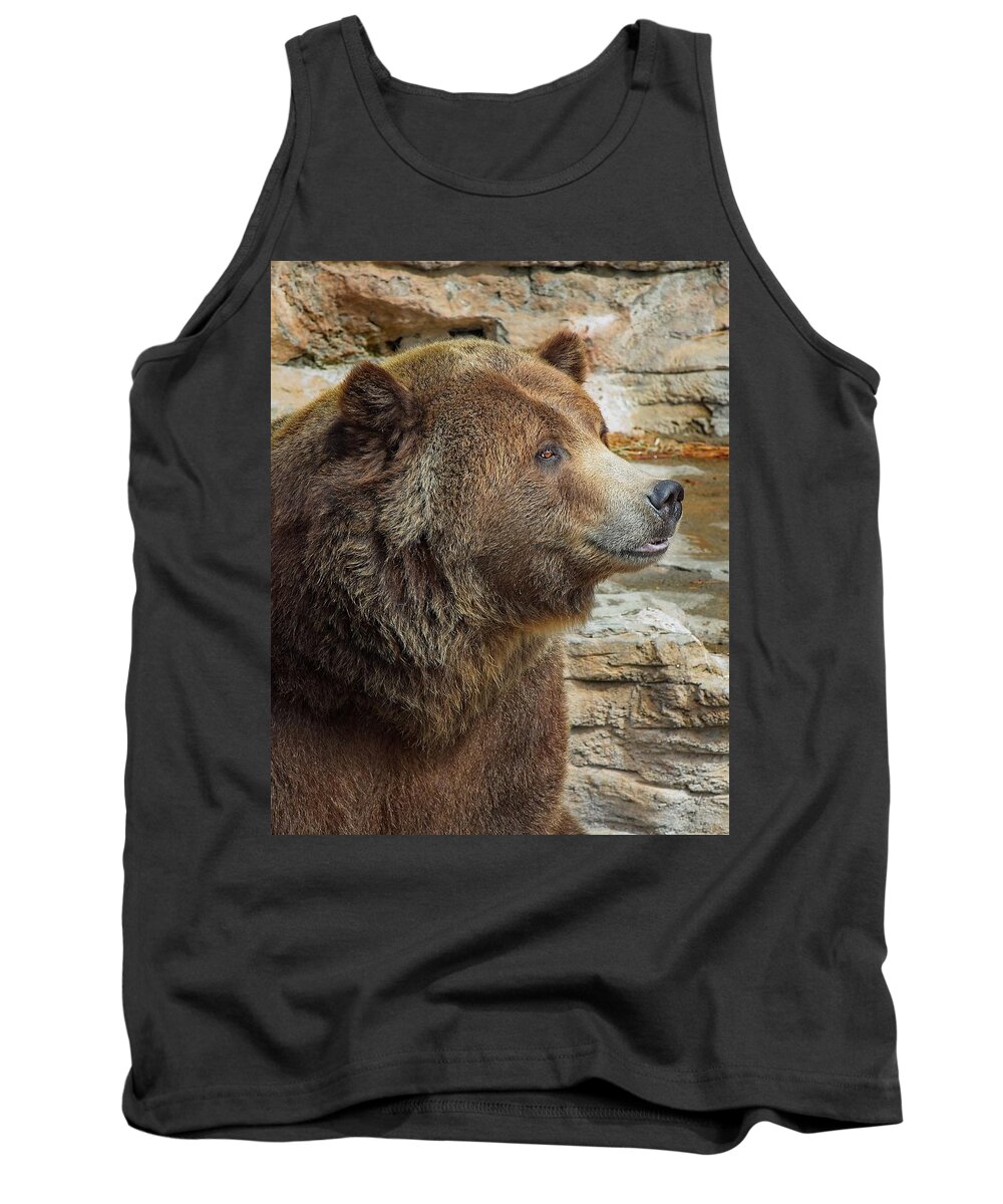 Brown Tank Top featuring the photograph Brown bear sitting quietly, relaxing by Loren Gilbert