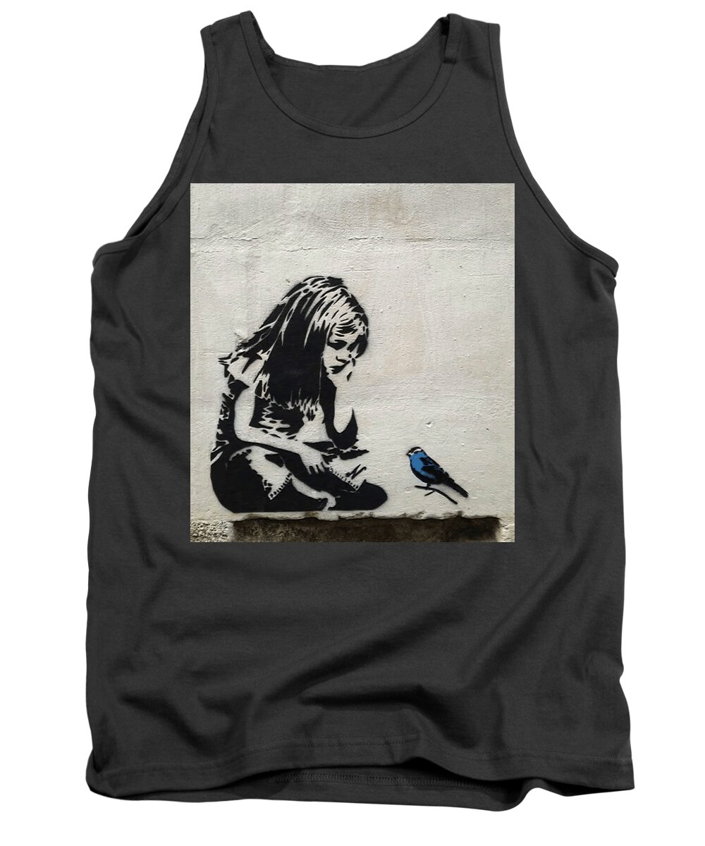 Banksy Tank Top featuring the mixed media Banksy Girl with Blue Bird by Banksy