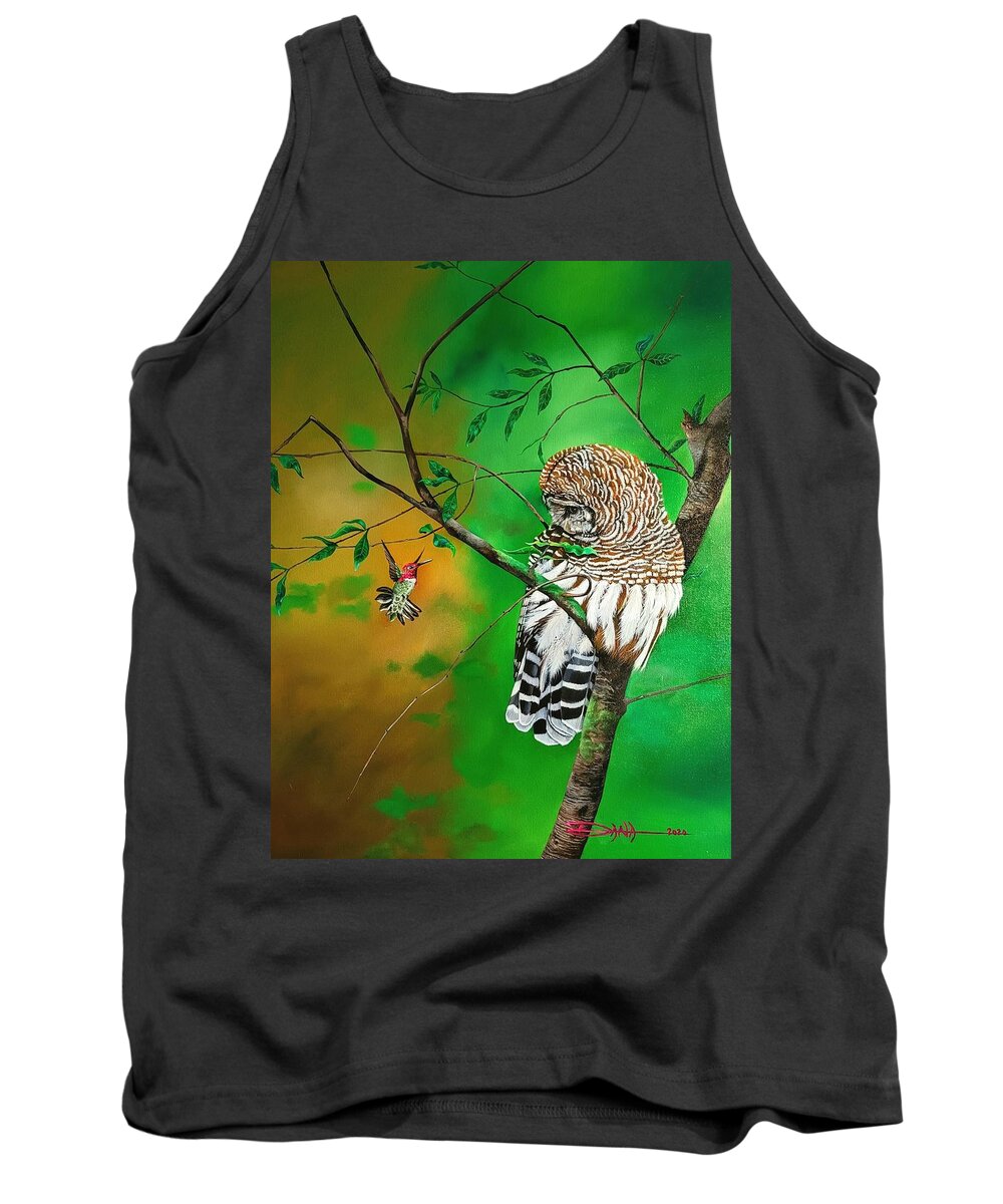 Birds Tank Top featuring the painting Barred Owl and Anna's hummingbird by Dana Newman