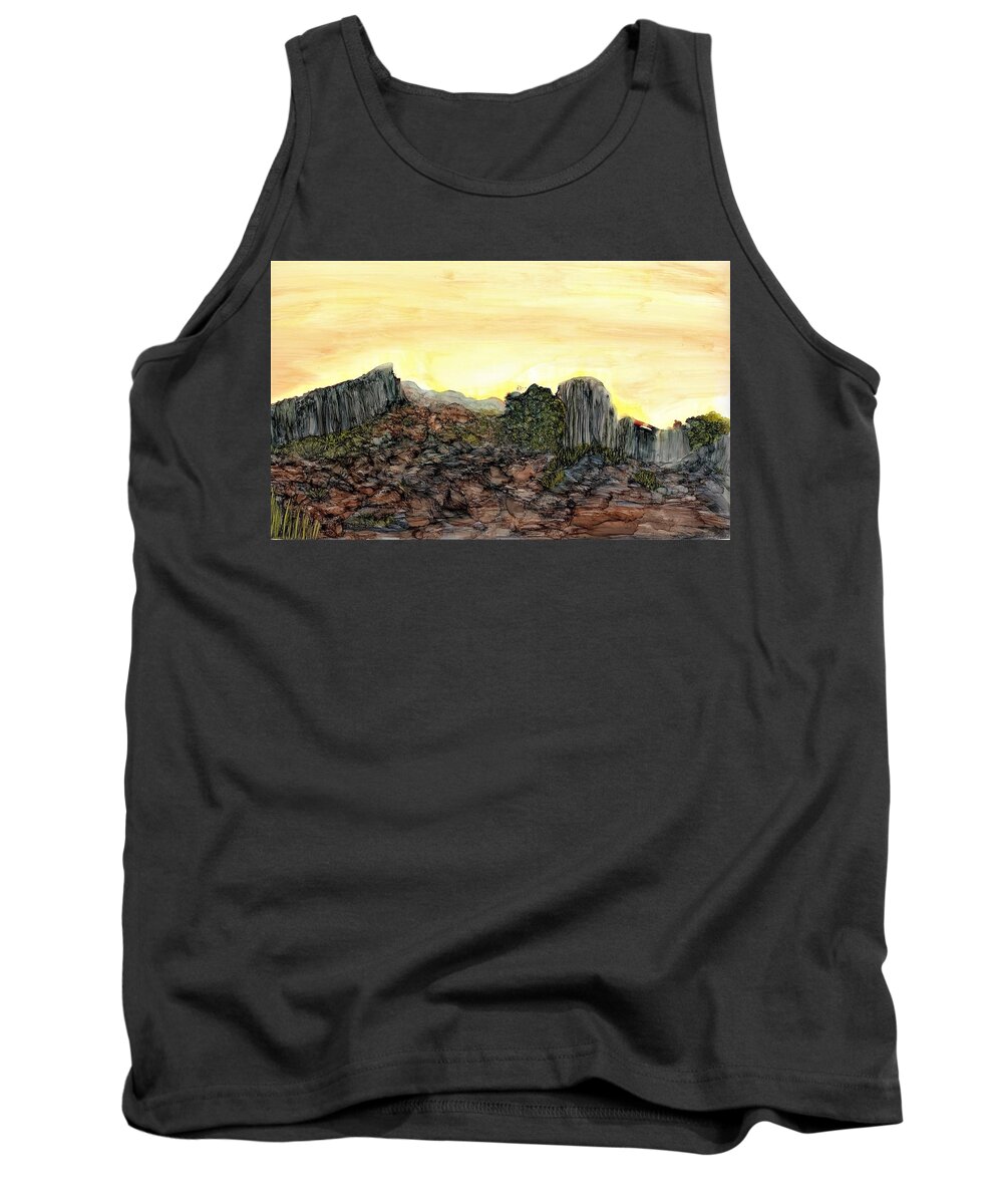 Rock Tank Top featuring the painting Between a rock and an arroyo by Angela Marinari