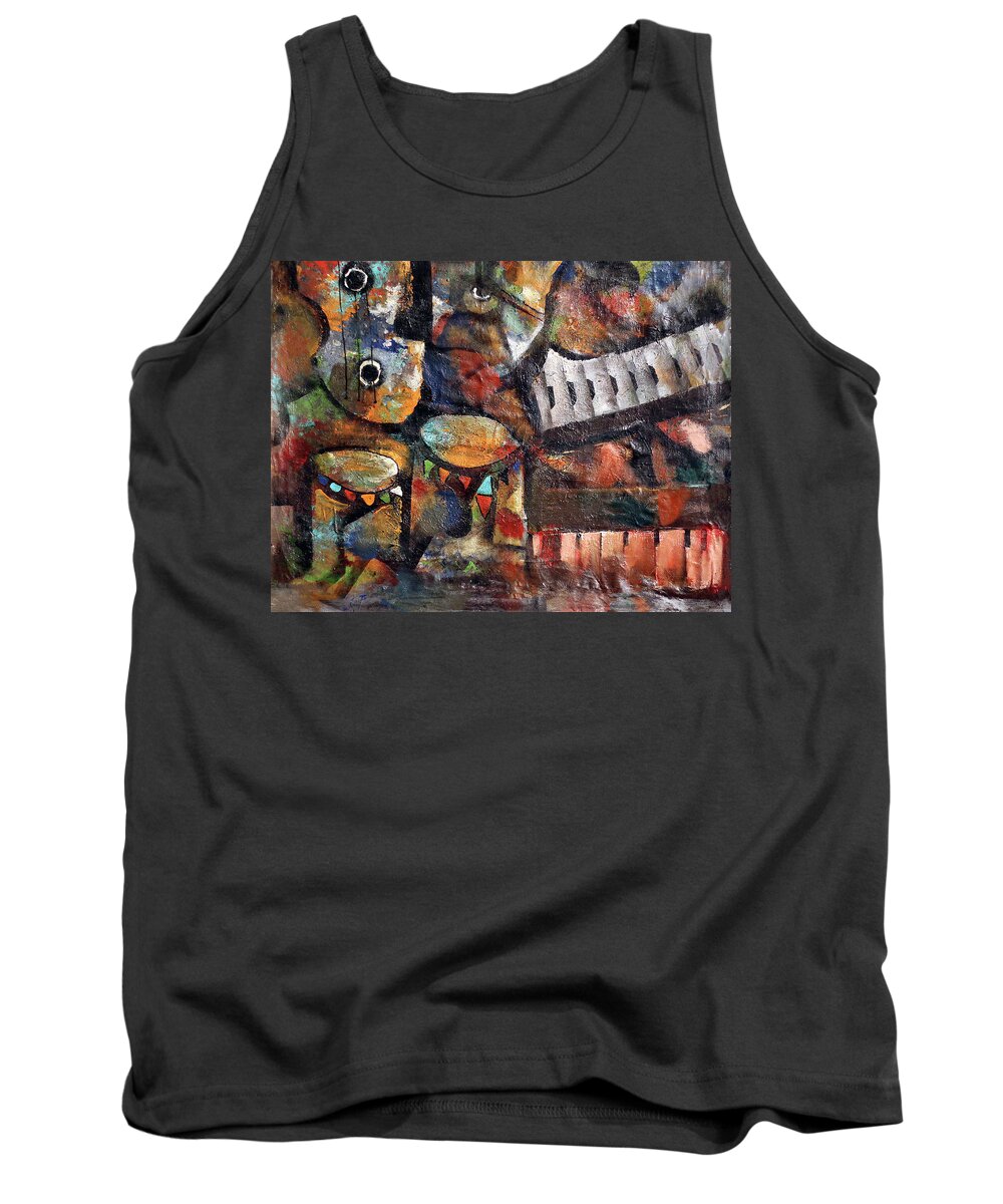 African Art Tank Top featuring the painting Between The Keys by Peter Sibeko 1940-2013