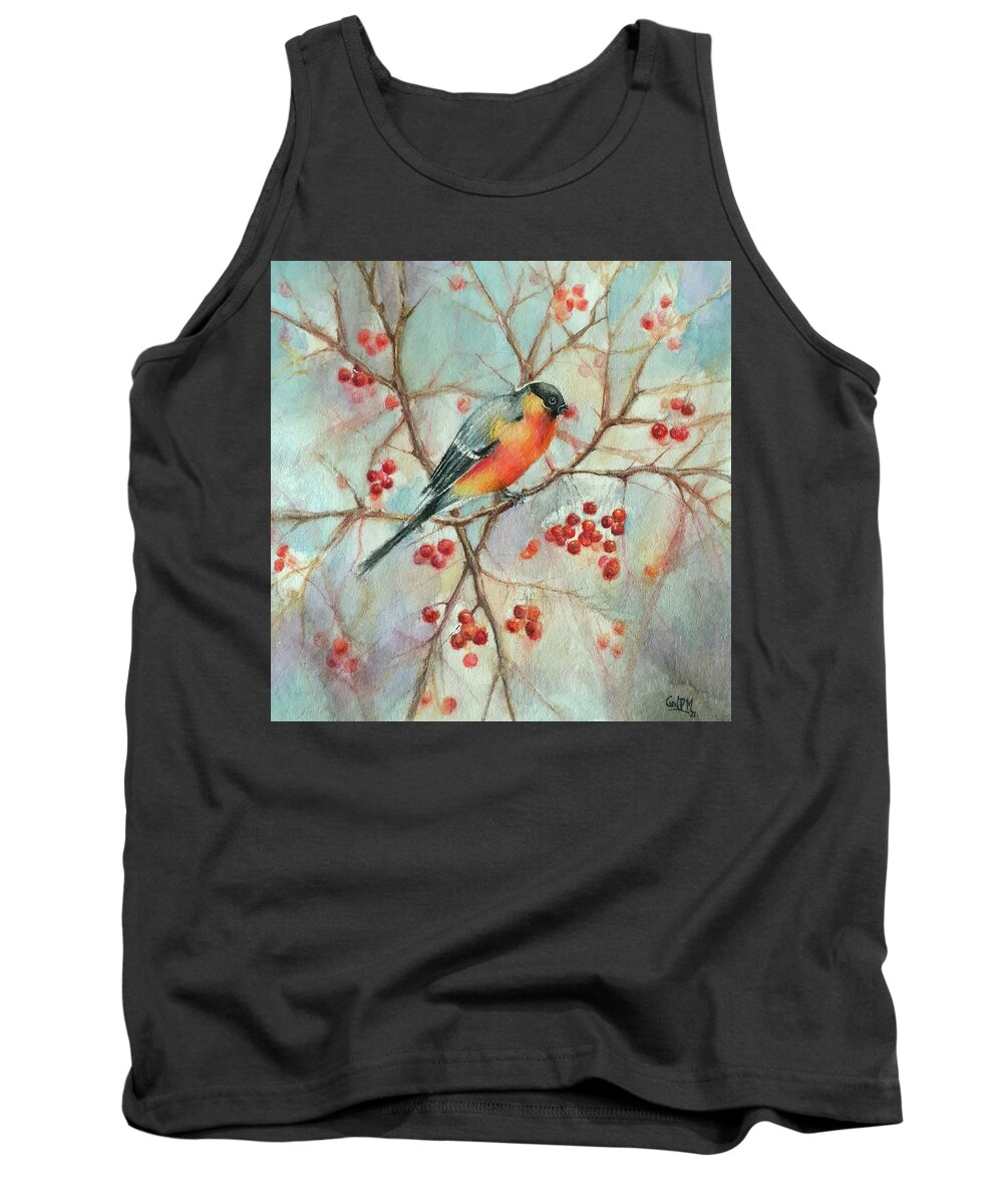 Bird Tank Top featuring the painting Bird eating on a branch by Carolina Prieto Moreno