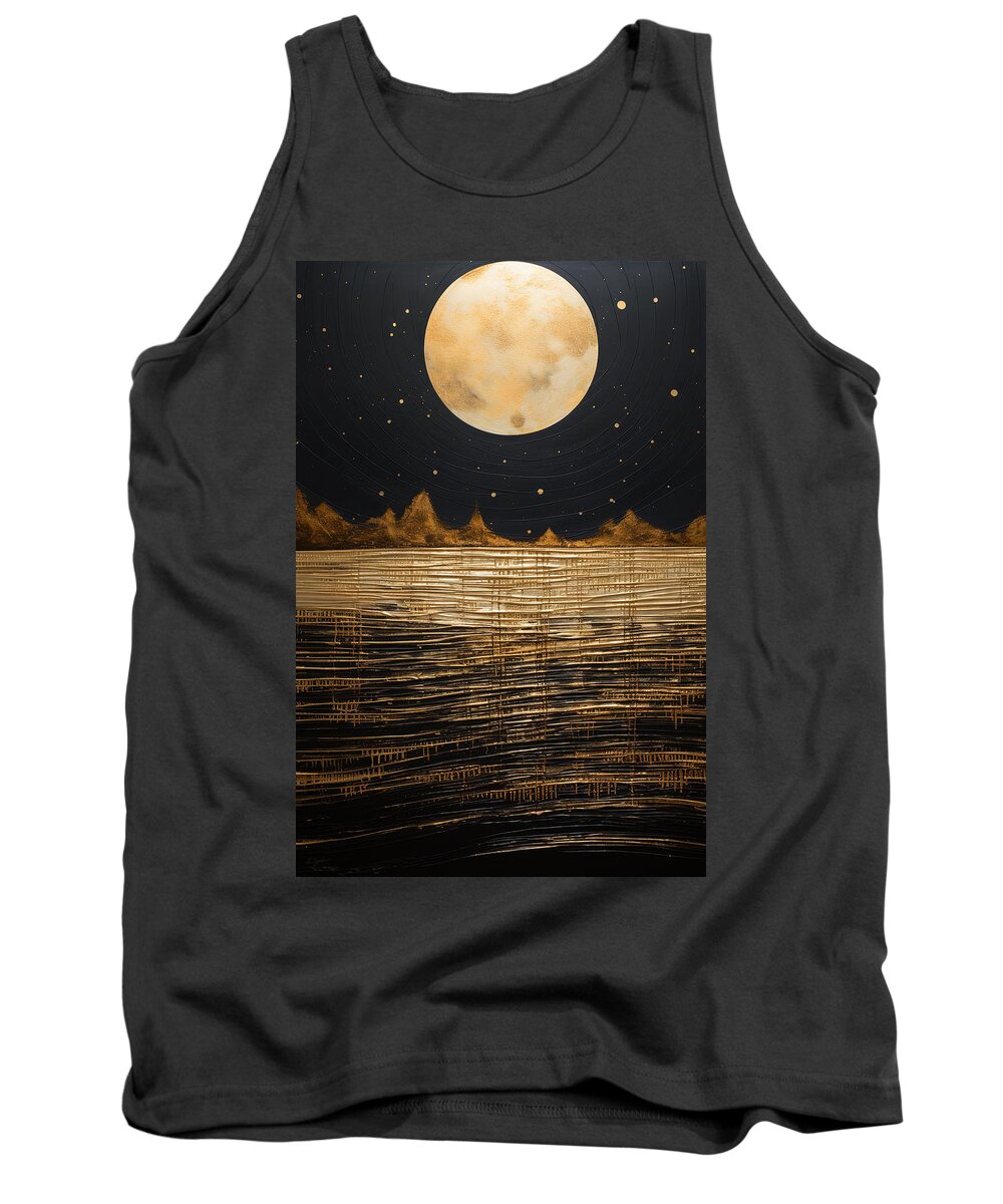 Black And Gold Seascape With Huge Golden Moon Tank Top featuring the painting Black and Gold Ocean Painting by Lourry Legarde