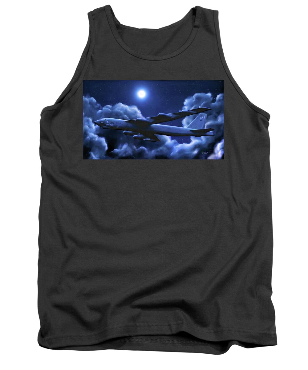 B-52 Stratofortress Bomber Tank Top featuring the painting By The Light Of The Blue Moon by David Luebbert