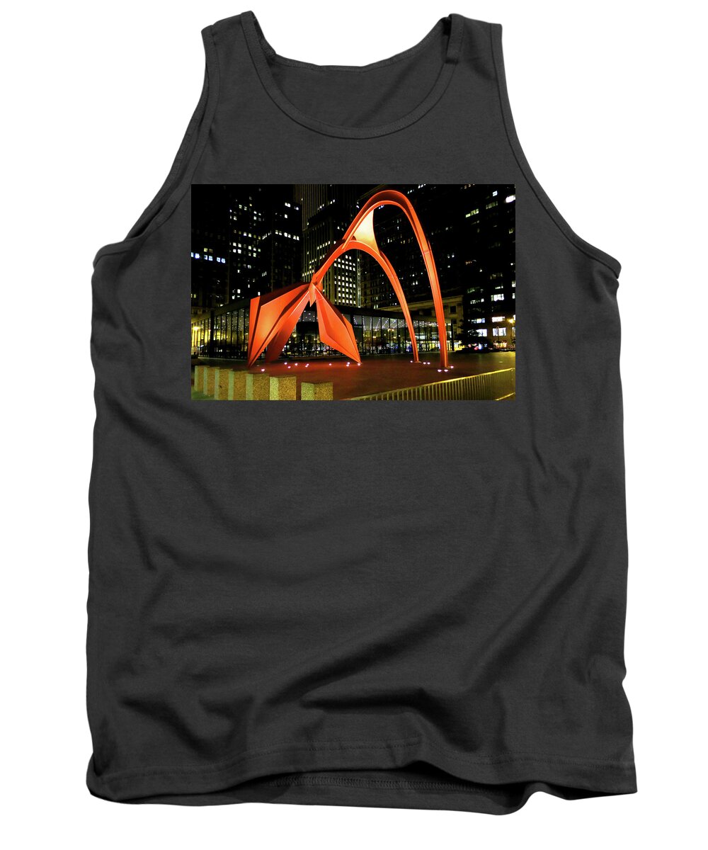 Architecture Tank Top featuring the photograph Calder Flamingo Sculpture Chicago Night by Patrick Malon
