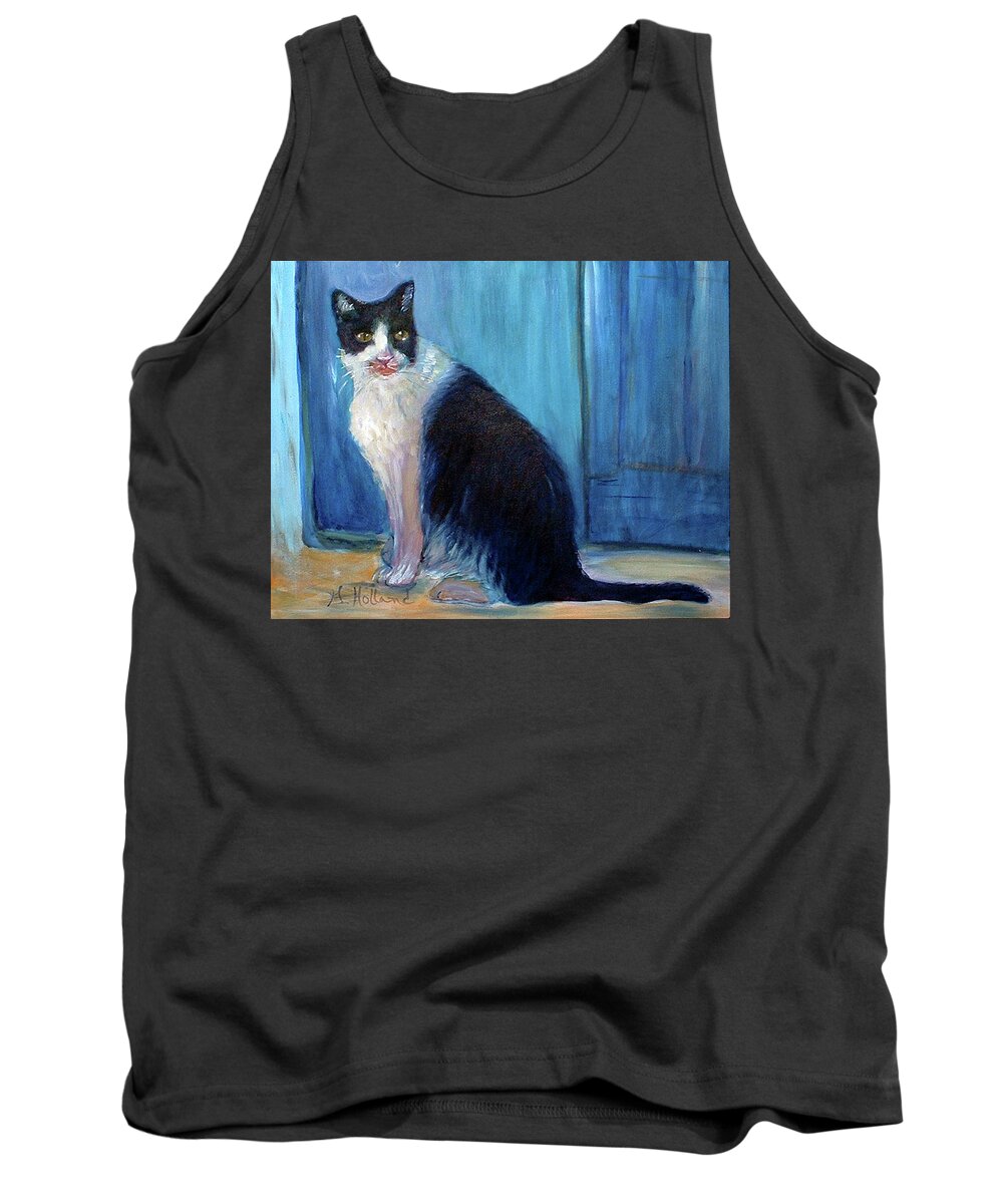 Cat Tank Top featuring the digital art Cat in Blue by Genevieve Holland