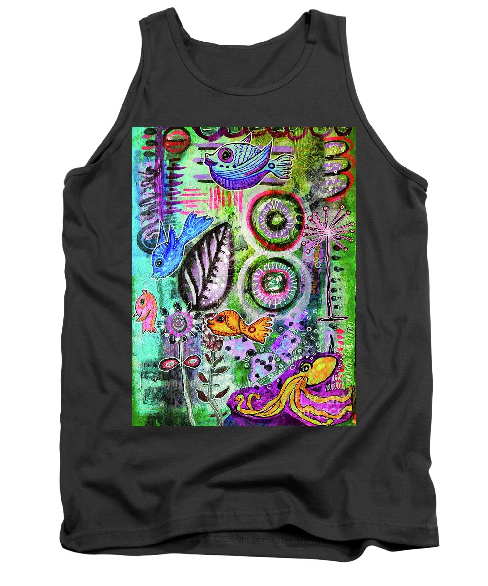 Deep Sea Tank Top featuring the mixed media Cedric Octopus Sitting in a Cloud of Deep Violet Ink by Mimulux Patricia No
