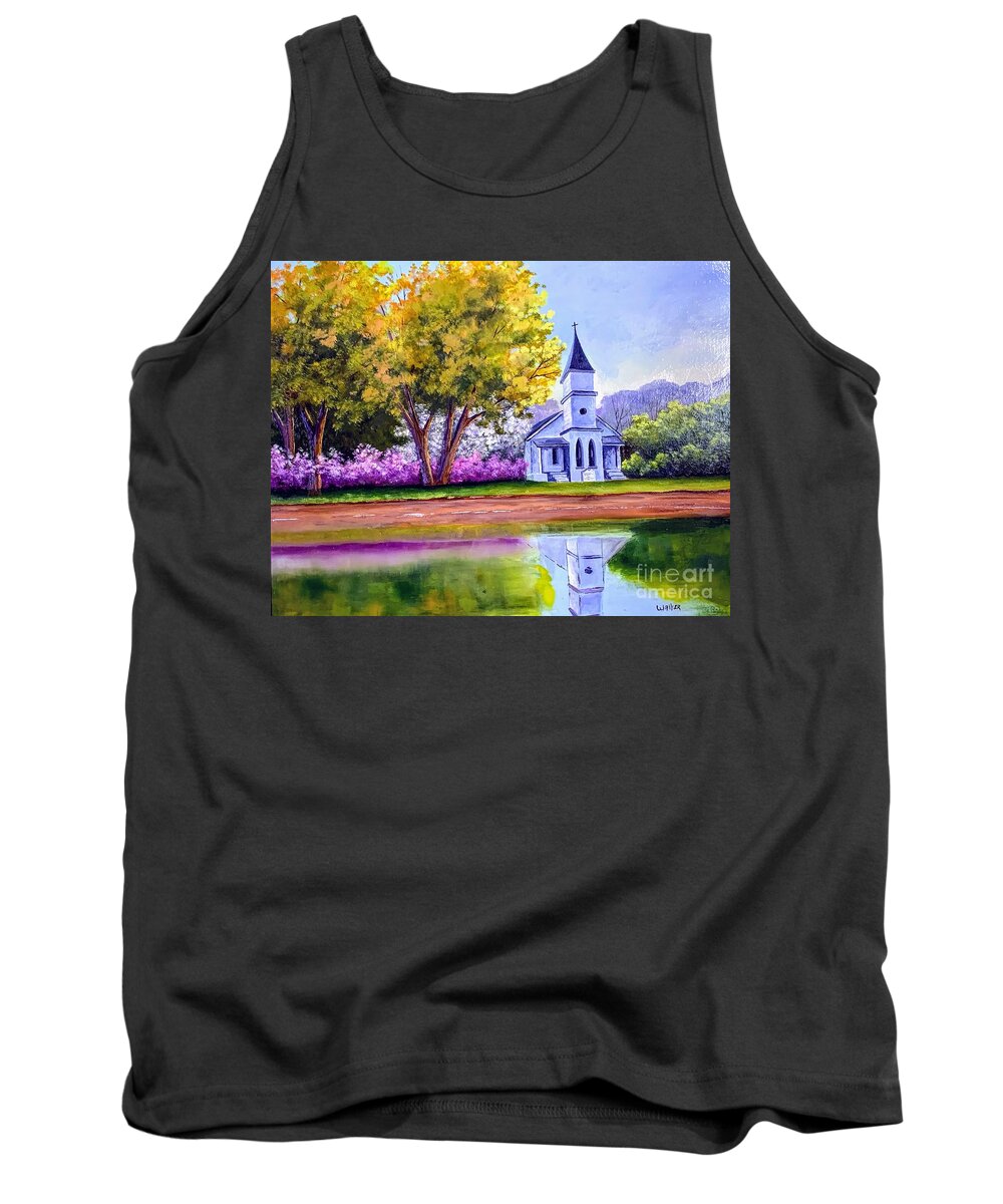 Lake Tank Top featuring the painting Chapel on the lake by Jerry Walker