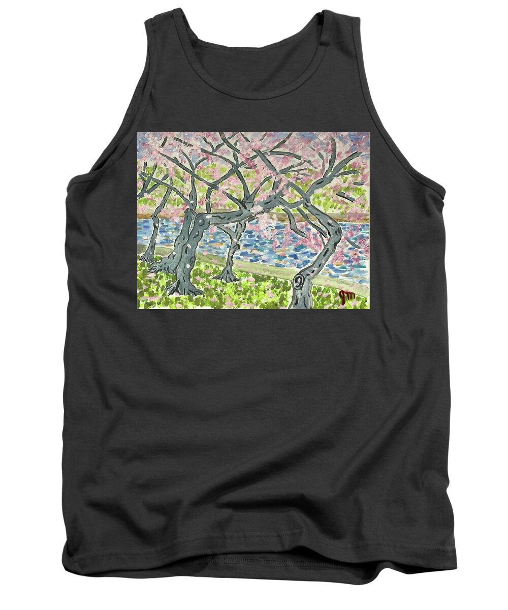 Cherry Blossoms Tank Top featuring the painting Cherry Blossoms on the Mall #1 by John Macarthur