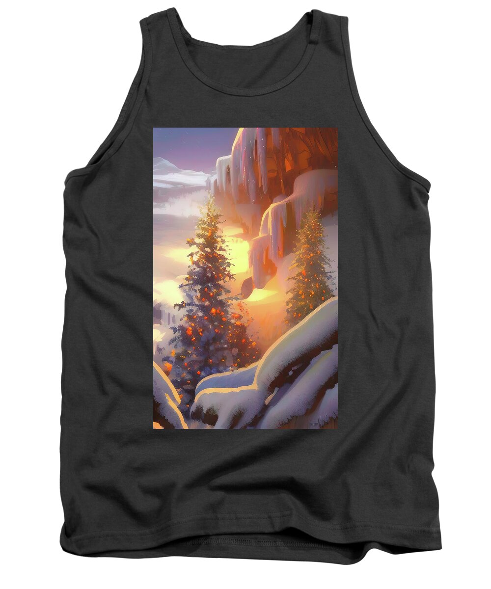 Tree Tank Top featuring the digital art Christmas Tree Under icy rocks at sunrise by Darren White
