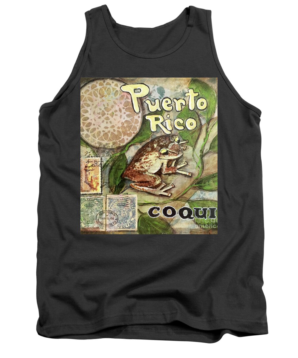 Puerto Rico Tank Top featuring the mixed media Coqui by Janis Lee Colon