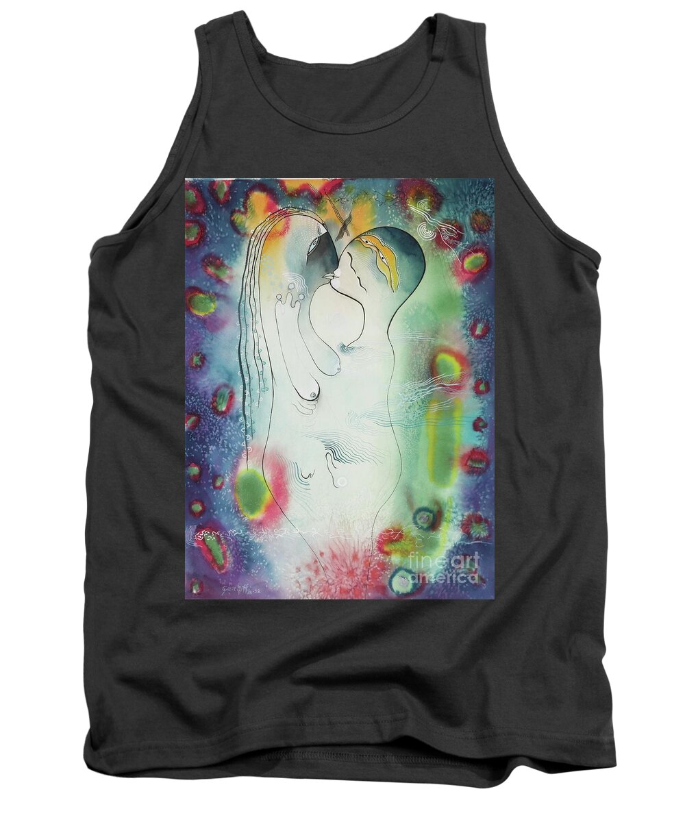#cosmiclovers #watercolor #watercolorpainting #loversart #icons #iconseries #mysticart #symbolicart #glenneff #picturerockstudio #thesoundpoetsmusic #alienlovers Tank Top featuring the painting Cosmic Lovers by Glen Neff