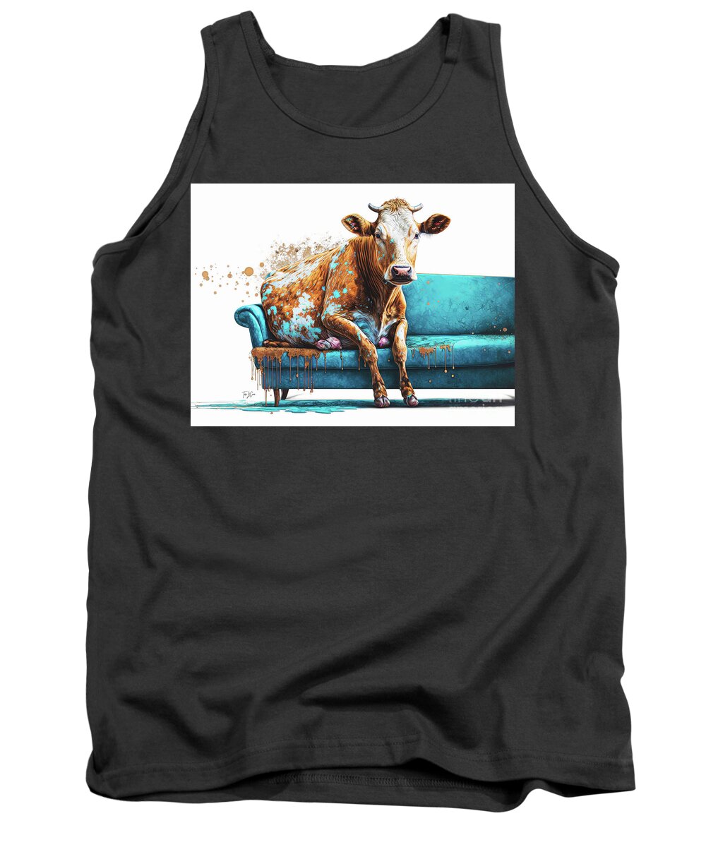 Cow Tank Top featuring the painting Utterly Comfortable by Tina LeCour