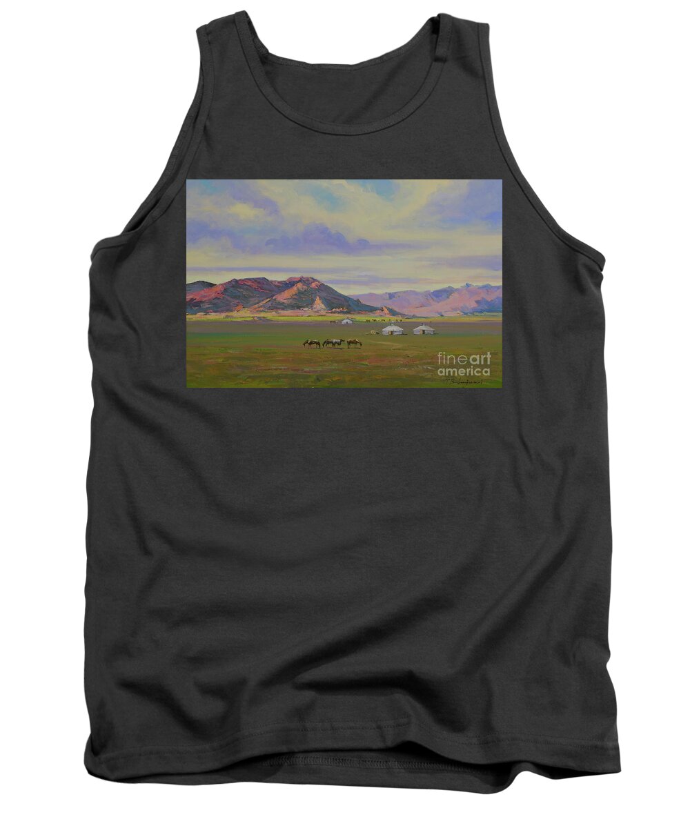 Countryside Tank Top featuring the painting Countryside of Mongolia by Badamjunai Tumendemberel