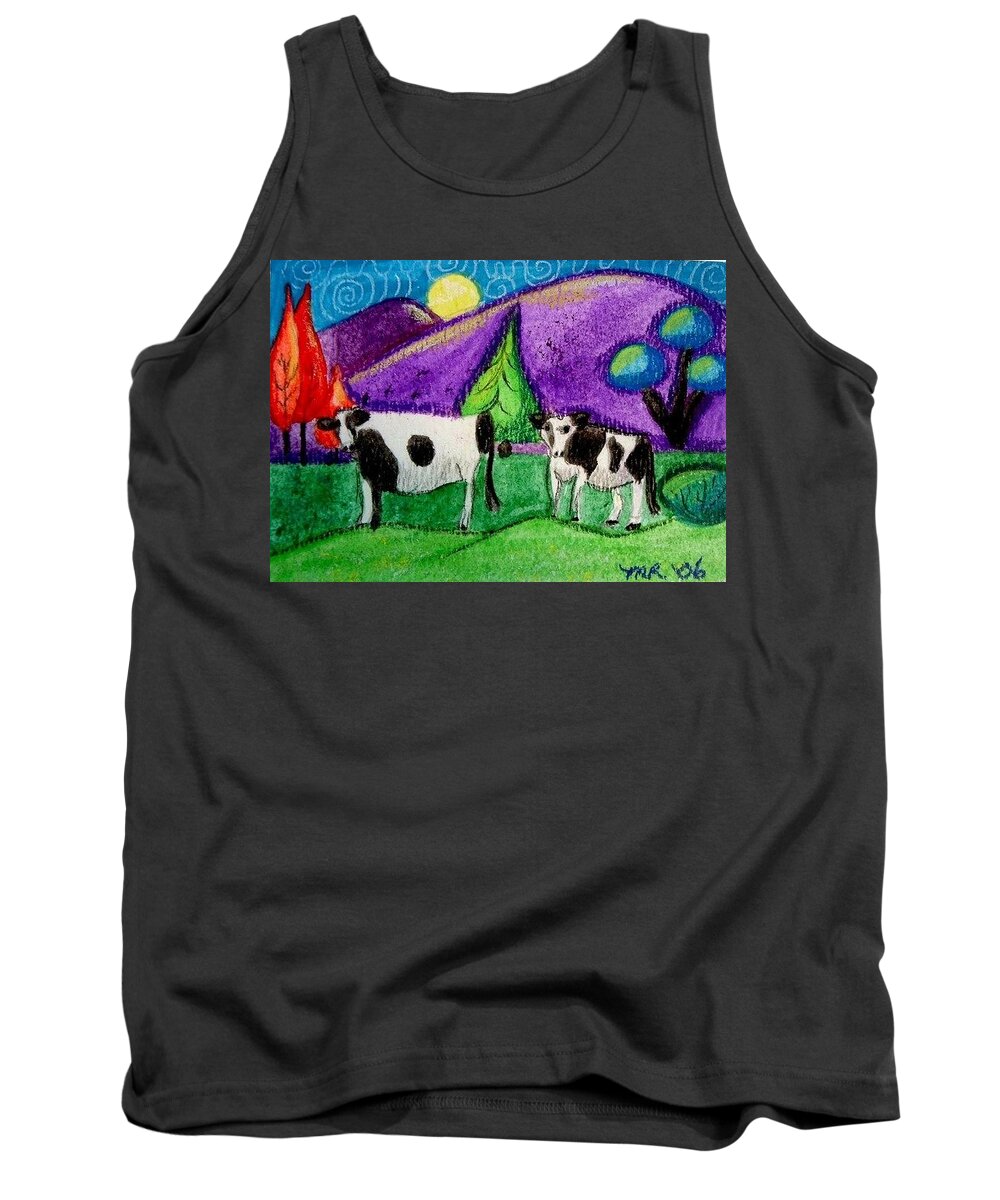 Whimsical Cow Painting Tank Top featuring the painting Cows Under The Moon by Monica Resinger