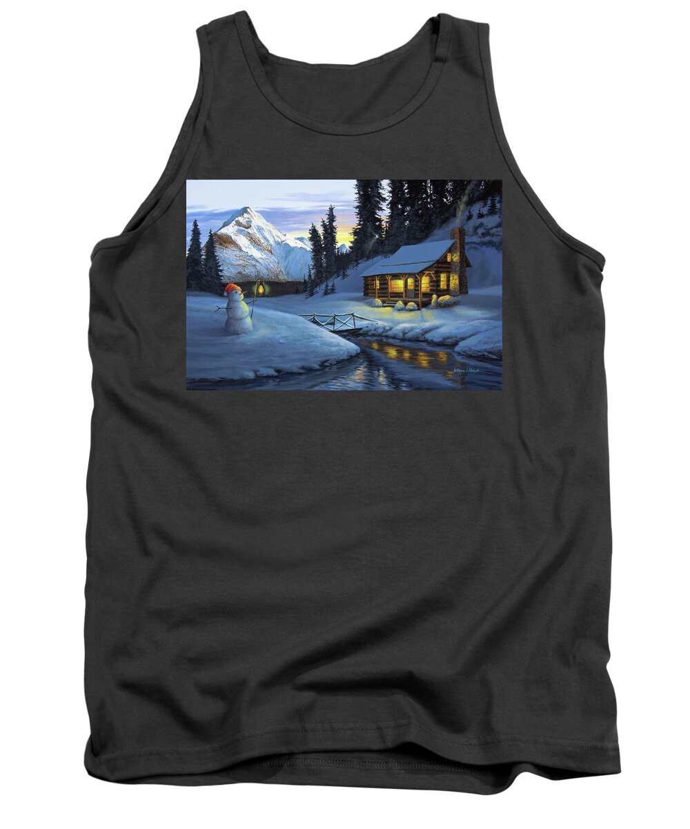 Winter Tank Top featuring the painting Cozy Winter Retreat by Anthony J Padgett