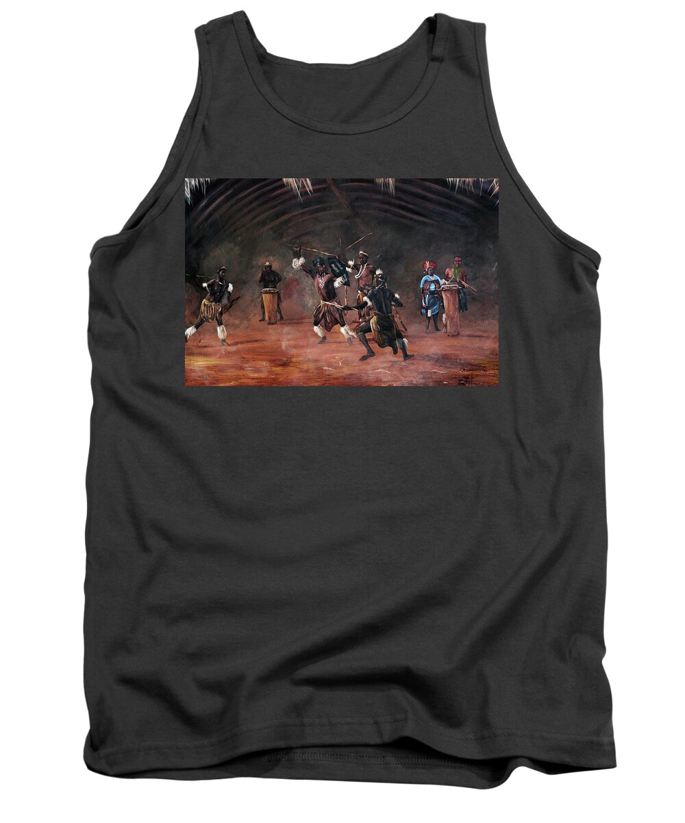 African Art Tank Top featuring the painting Dance Of Spears by Ronnie Moyo