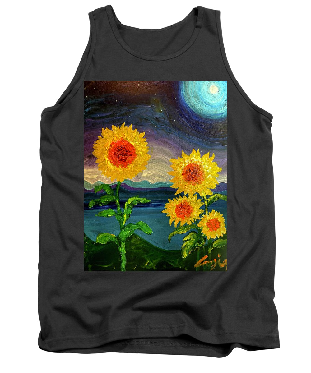 Dancing Sunflowers Under A Full Moon Tank Top featuring the painting Dancing Sunflowers Under A Full Moon by Amzie Adams