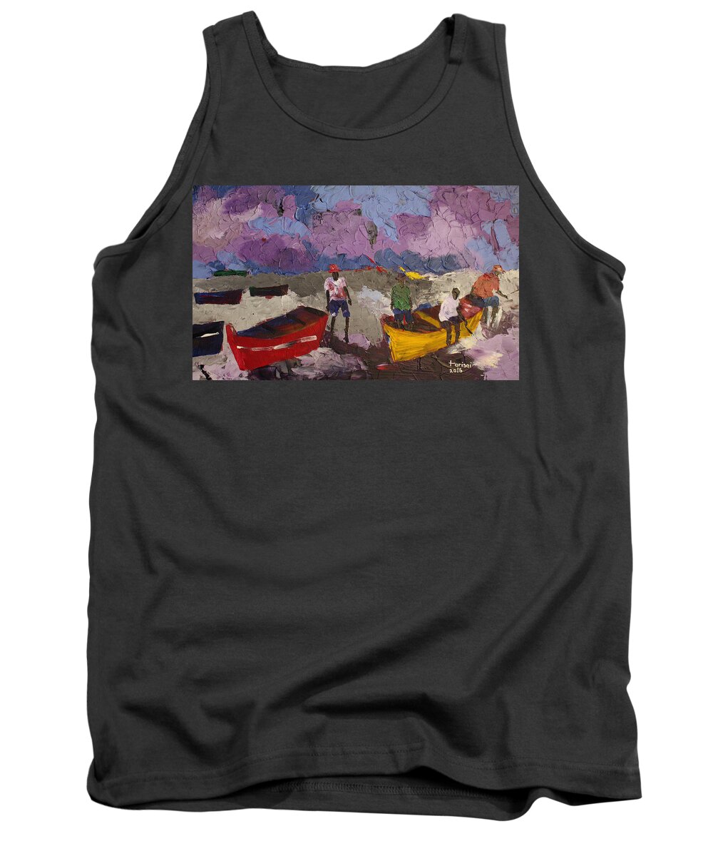 African Art Tank Top featuring the painting Dark Purple Fishing Sky by Tarizai Munsvhenga