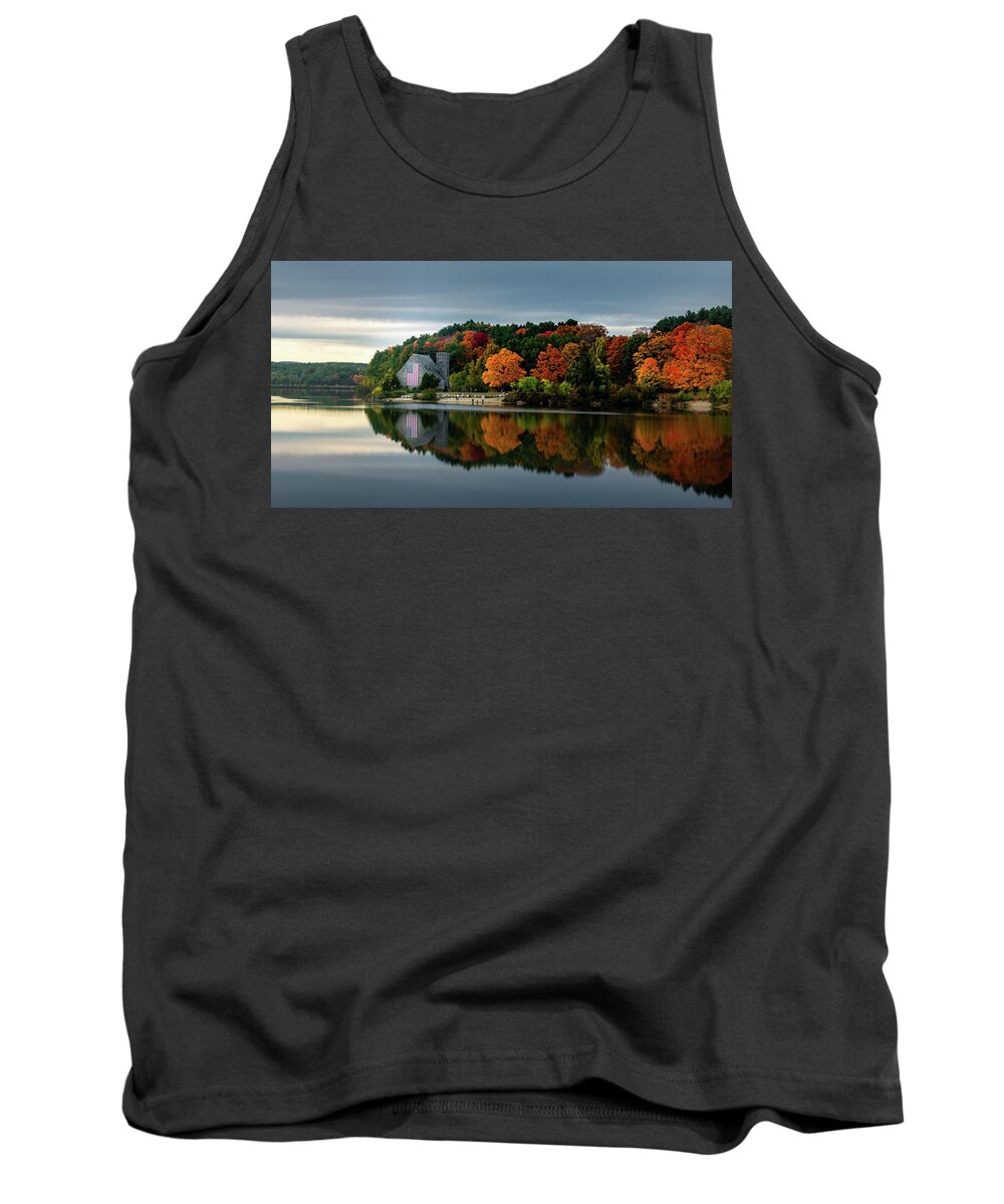 Autumn Tank Top featuring the photograph Fall colors and reflections at the Old Stone Church 2a by Dimitry Papkov